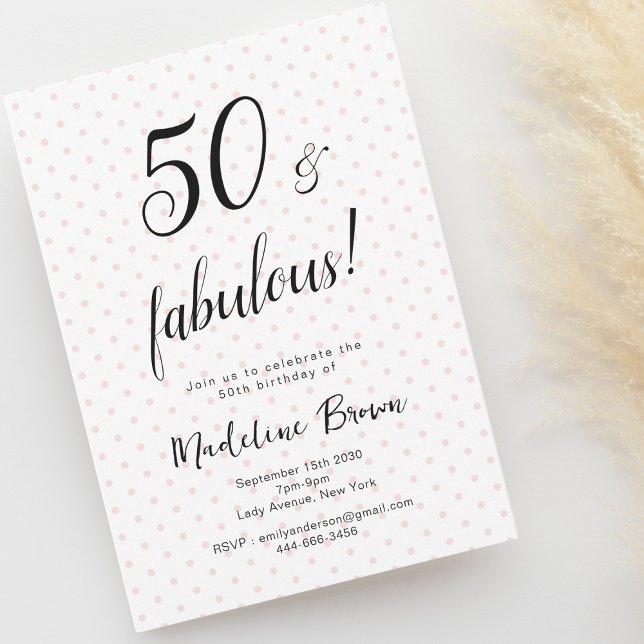 50 and Fabulous Pink Black 50th Birthday Invitation (50 and fabulous birthday invitation, pink polka dots.)