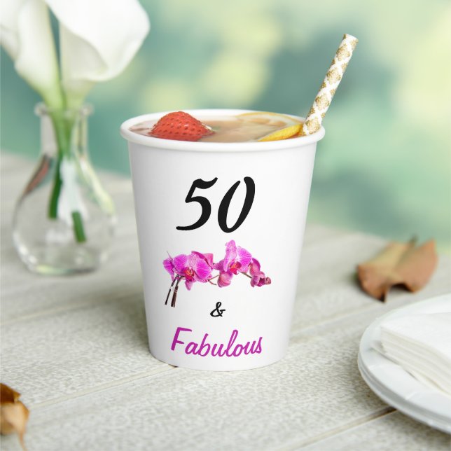50 and fabulous pink black floral photo paper cups (Insitu)