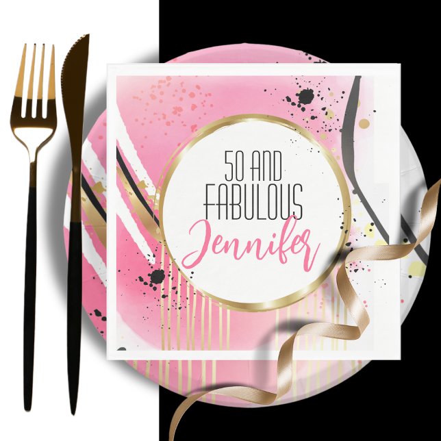 50 and Fabulous Pink Black Gold Modern Birthday  Napkin (Creator Uploaded)