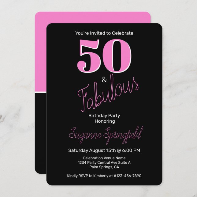 50 and Fabulous Pink Black Modern 50th Birthday Invitation (Front/Back)