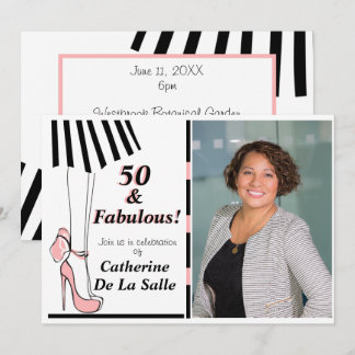 50 and Fabulous Pink Black Stripe Photo Invitation