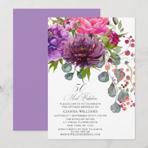 50 and Fabulous Pink Burgundy Floral 50th Birthday Invitation