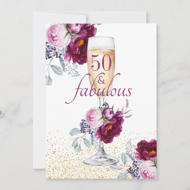 50 And Fabulous Pink Burgundy Floral  Invitation (Front)
