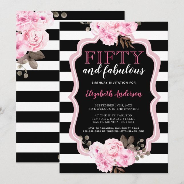 50 and Fabulous Pink Floral Black Stripe Invitation (Front/Back)