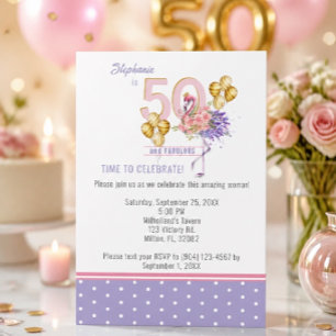 50 and Fabulous Pink Floral Flamingo Birthday Invitation