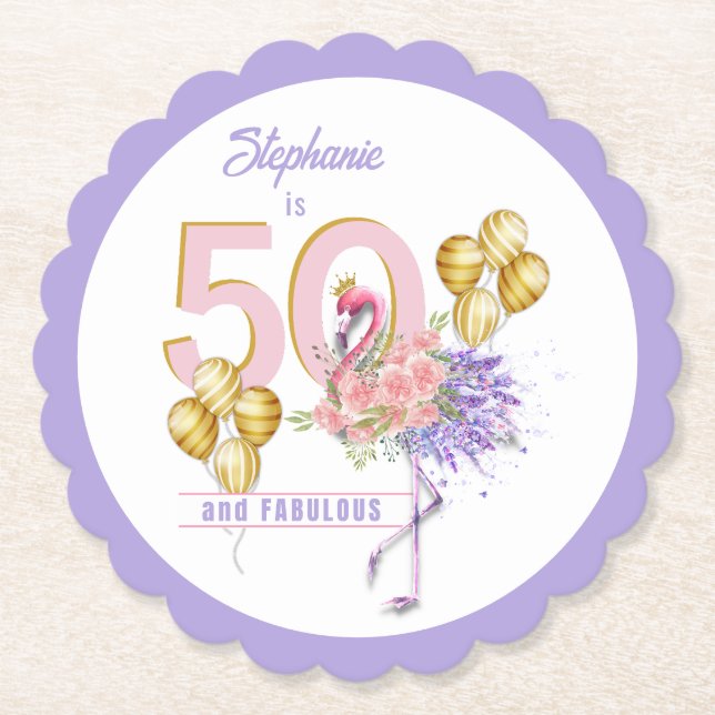 50 and Fabulous Pink Floral Flamingo Paper Coaster (Front)
