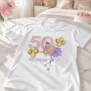 50 and Fabulous Pink Floral Flamingo T-Shirt