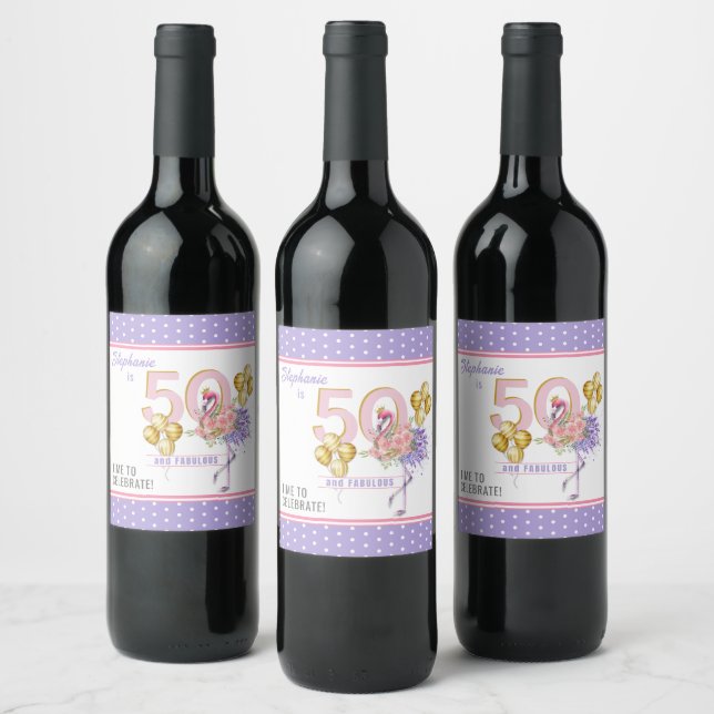 50 and Fabulous Pink Floral Flamingo Wine Label (Bottles)