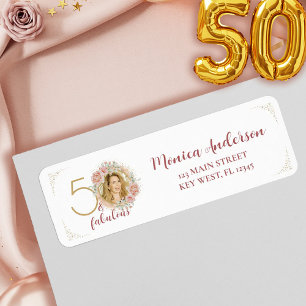 50 and Fabulous Pink Floral Gold Photo Birthday Return Address Label