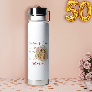 50 and Fabulous Pink Floral Gold Photo Birthday Water Bottle