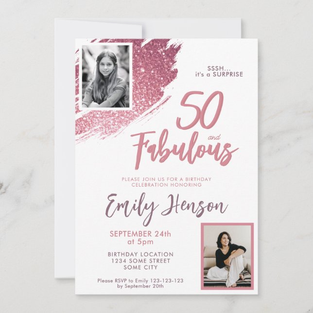 50 and Fabulous Pink Glitter 2 Photo 50th Birthday Invitation (Front)