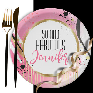 50 and Fabulous Pink Gold Black Modern Abstract Paper Plate