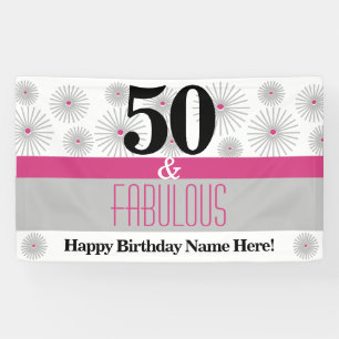 50 and Fabulous Pink Grey Birthday Party Banner
