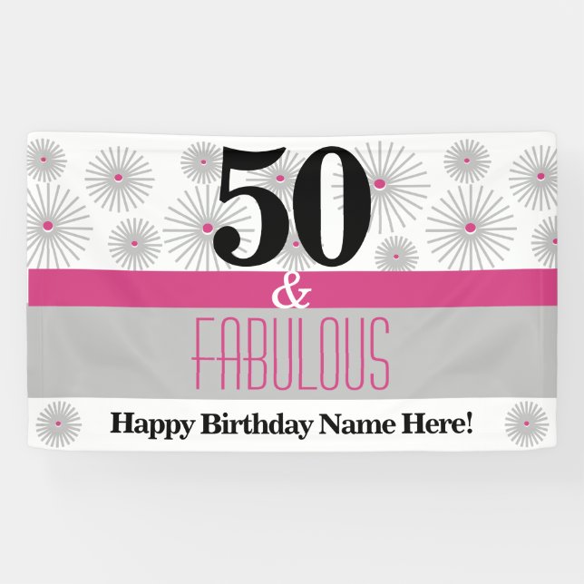 50 and Fabulous Pink Grey Birthday Party Banner (Horizontal)