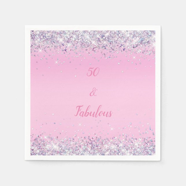 50 and Fabulous Pink Holographic Glitter Napkin (Front)