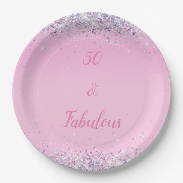 50 and Fabulous Pink Holographic Glitter Paper Plate (Front)