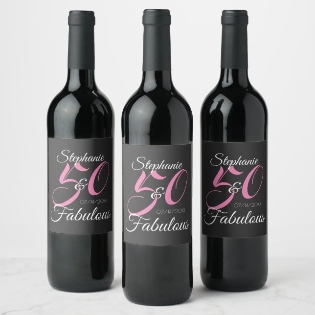 50 and Fabulous Pink Personalised Birthday Party  Wine Label (Bottles)