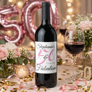 50 and Fabulous Pink Personalised Birthday Party Wine Label