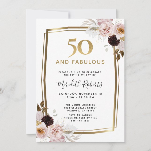 50 and Fabulous Pink Roses Gold Metallic Birthday  Invitation (Front)