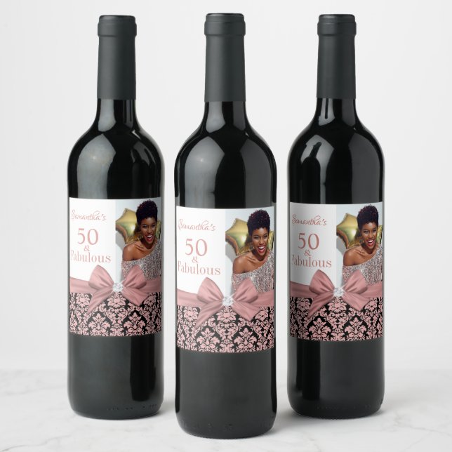 50 and Fabulous Pink White Birthday Party Wine Lab Label (Bottles)