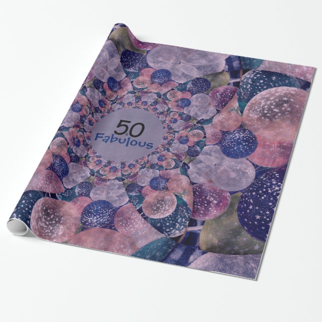 50 and Fabulous Purple Balloons Birthday Wrapping Paper (Unrolled)