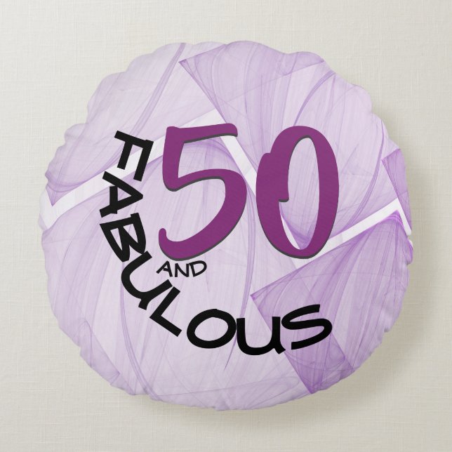 50 and Fabulous Purple Birthday Typography Round Cushion (Front)