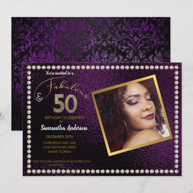 50 and Fabulous Purple Bling 50th Birthday Party Invitation (Front/Back)