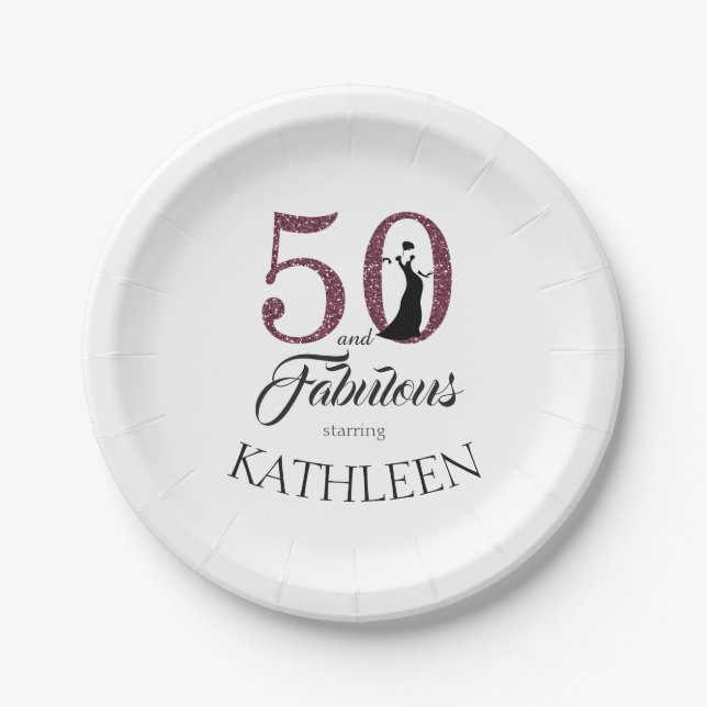50 and Fabulous Purple Glitter Custom Name Paper Plate (Front)
