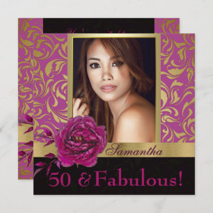 50 and Fabulous Purple Gold Damask Photo Birthday Invitation