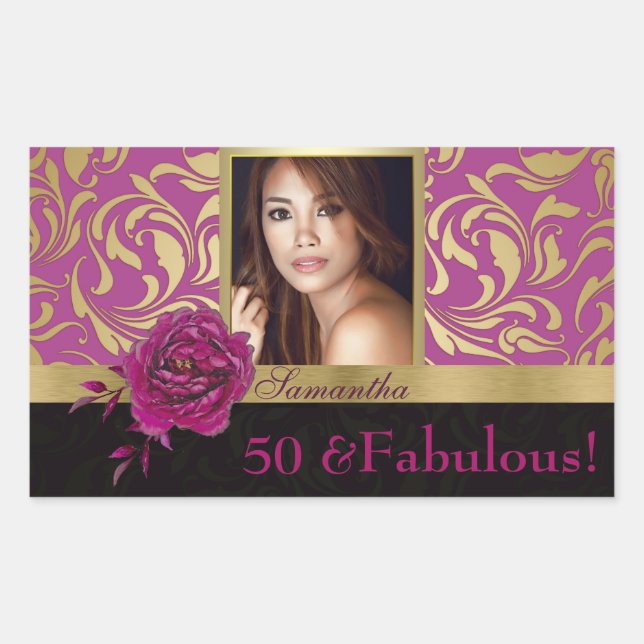 50 and Fabulous Purple Gold Damask Photo Birthday Rectangular Sticker (Front)