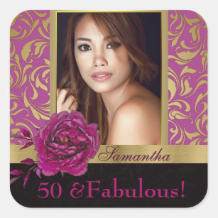 50 and Fabulous Purple Gold Damask Photo Birthday Square Sticker
