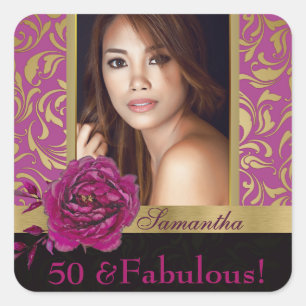 50 and Fabulous Purple Gold Damask Photo Birthday Square Sticker