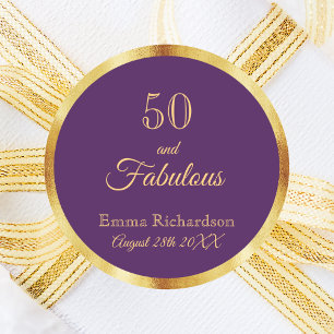 50 and fabulous purple gold name classic round sticker
