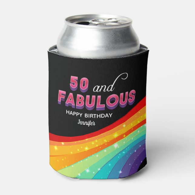 50 and Fabulous Rainbow Sparkle Birthday Party Can Cooler (Can Front)