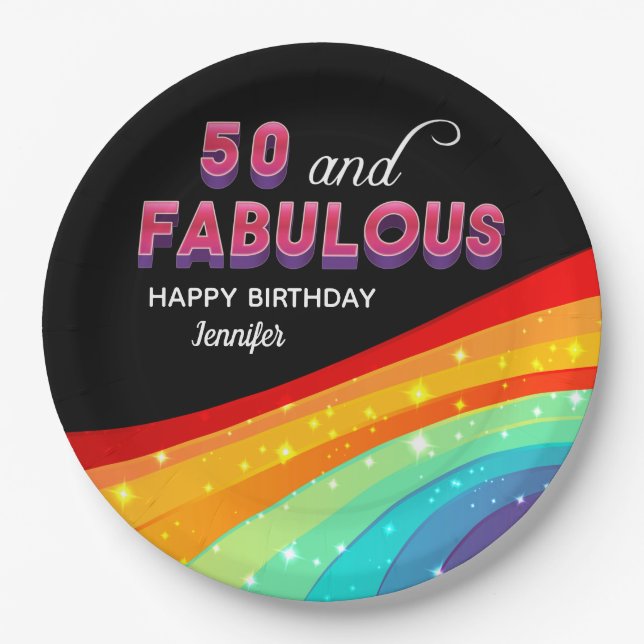 50 and Fabulous Rainbow Sparkle Birthday Party Paper Plate (Front)