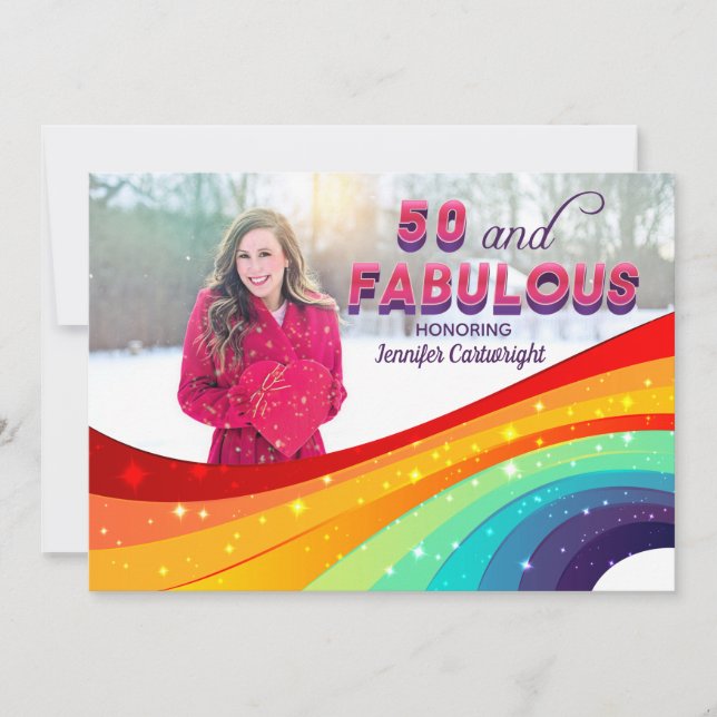 50 and Fabulous Rainbow Sparkle Photo Birthday Invitation (Front)