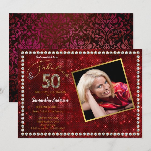 50 and Fabulous Red Bling 50th Birthday Party Invitation (Front/Back)