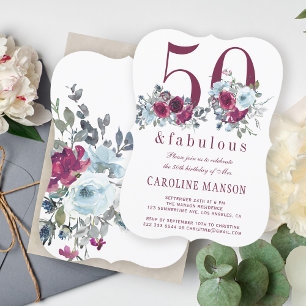50 and fabulous red burgundy floral 50th birthday invitation