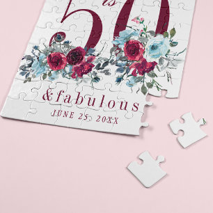 50 and fabulous red burgundy floral birthday gift jigsaw puzzle