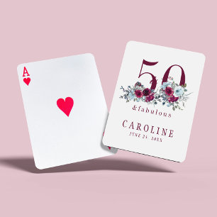 50 and fabulous red burgundy floral birthday gift playing cards