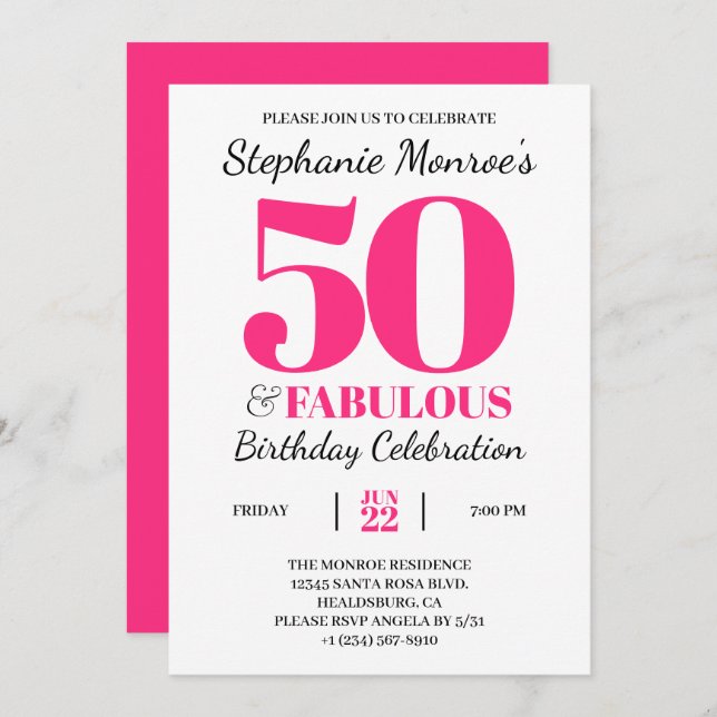 50 and Fabulous Retro Pink Typography Birthday Invitation (Front/Back)