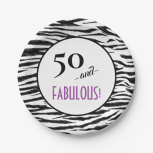 50 and FABULOUS! Retro Zebra Print Birthday Party Paper Plate