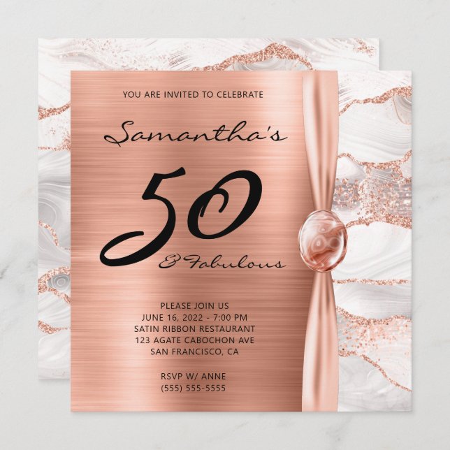 50 and Fabulous Rose Gold and White Agate Birthday Invitation (Front/Back)