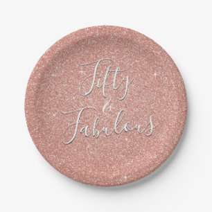 50 and Fabulous Rose Gold Blush Pink Glitter Paper Plate