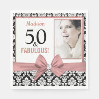 50 and Fabulous Rose gold bow damask 50th Birthday