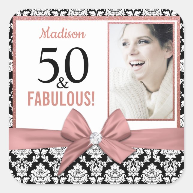 50 and Fabulous Rose gold bow damask 50th Birthday Square Sticker (Front)