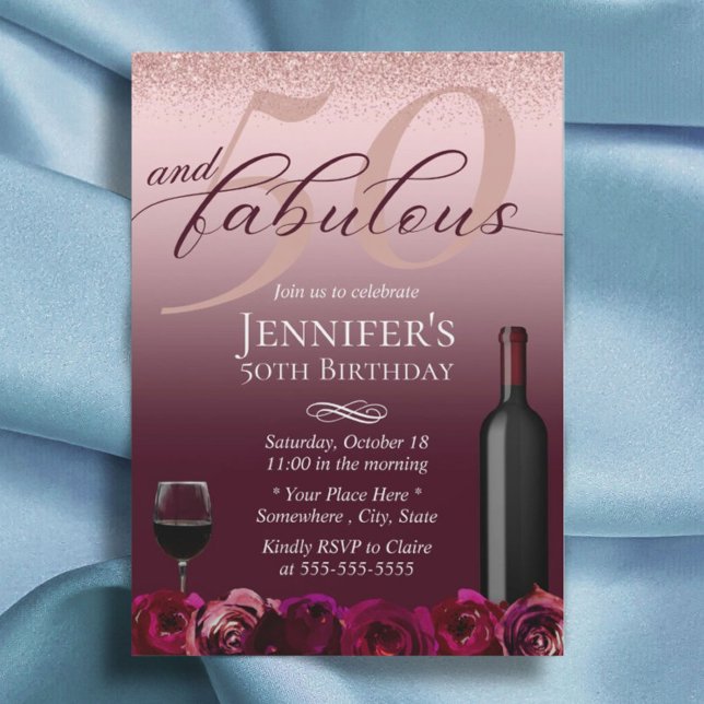 50 and Fabulous Rose Gold Burgundy Floral Birthday Invitation (Creator Uploaded)