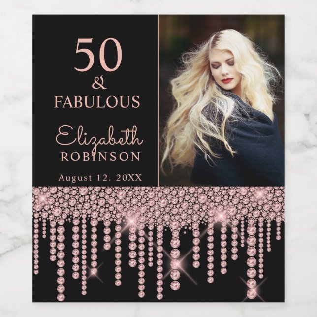 50 and Fabulous Rose Gold Drips Birthday Party Wine Label (Single Label)