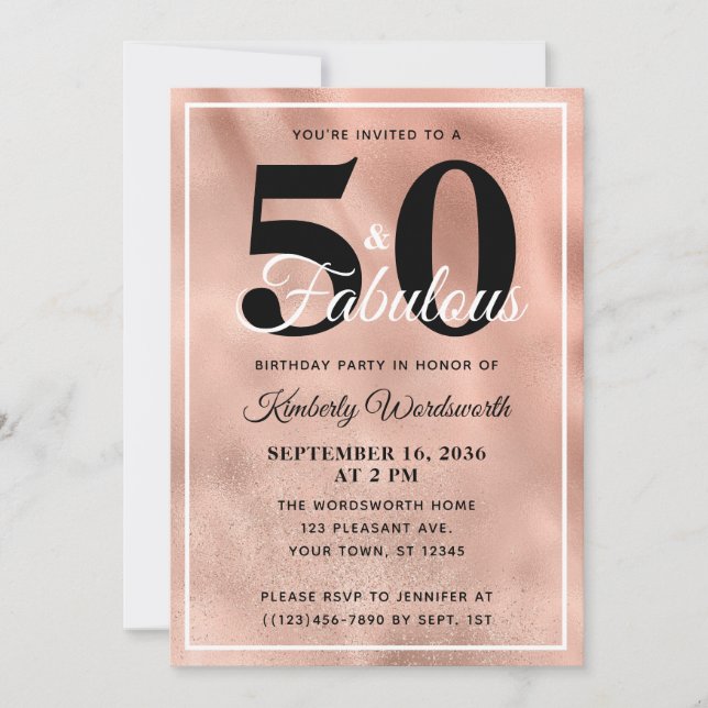 50 and Fabulous Rose Gold Glam Birthday Party Invitation (Front)