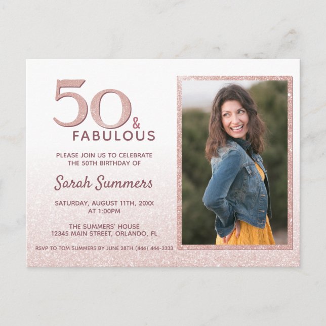 50 and Fabulous Rose Gold Glitter Elegant Birthday Invitation Postcard (Front)
